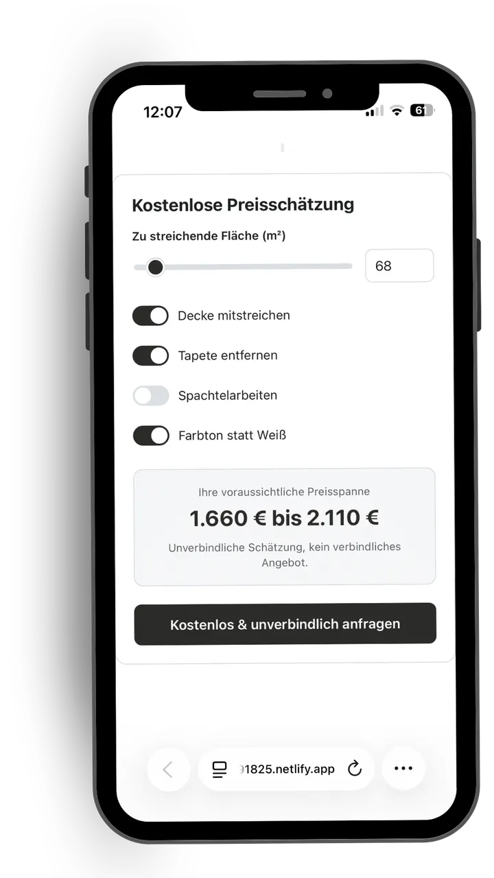 ProAngebot-Widget auf einem Smartphone: Kostenlose Preisschätzung mit Preisspanne 1.660 € bis 2.110 €